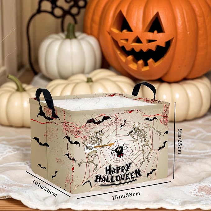 Halloween Basket Gift Terror Ghost Parties Decor Kid Trick or Treat Basket for Boys and Girls Rectangular Storage Bin Box (Skeleton Bat)