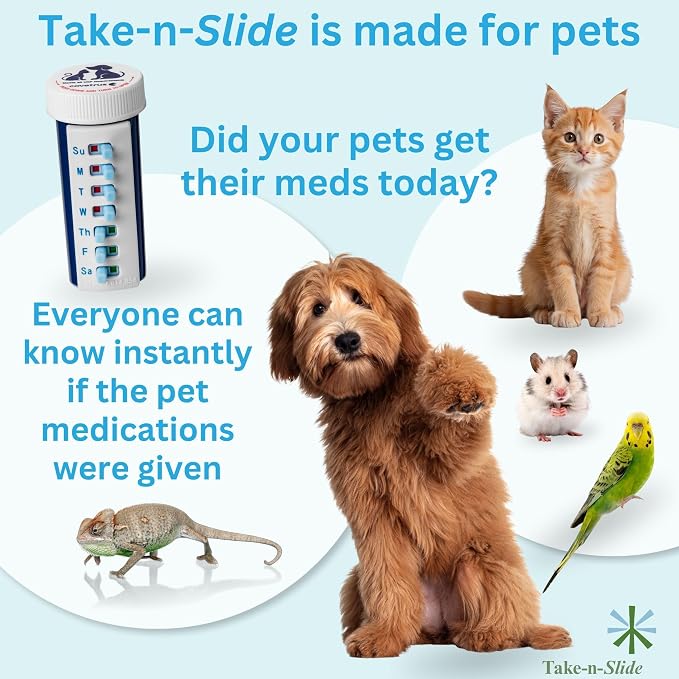 TAKE-N-SLIDE Peel and Stick Reusable for 12 + Refills, Pill/Medication/Vitamin/Pet Med Tracker & Reminder, Attach to Your Bottle, Organizer-Free, Curved‑Back, White & Blue (2-Pack, 1 Each)