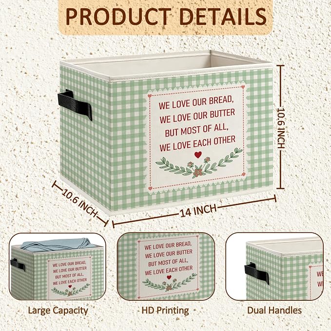 Butter Lover Gifts Foldable Storage Bins Box with Handles, Bread Gifts for Bakers, Cottagecore Sage Green Gingham Plaid Decorative Storage Boxes Baskets Organizer for Kitchen Bakery