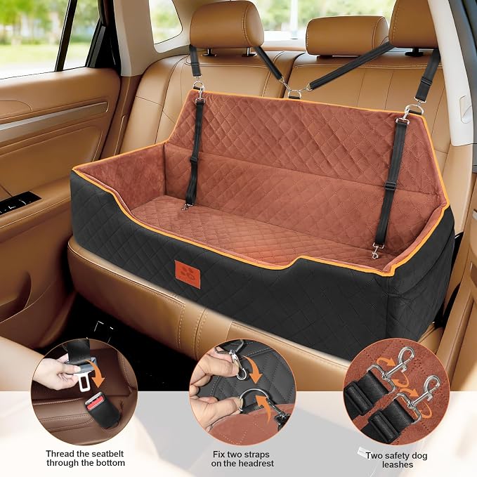 XIEEAOZEE Large Dog Car Seat for Pets Under 100 lbs, Backseat Dog Car Bed | Washable Pet Booster Seat for 2 Medium Dogs, Pet Travel Seat with Storage Pockets, Safety Belts