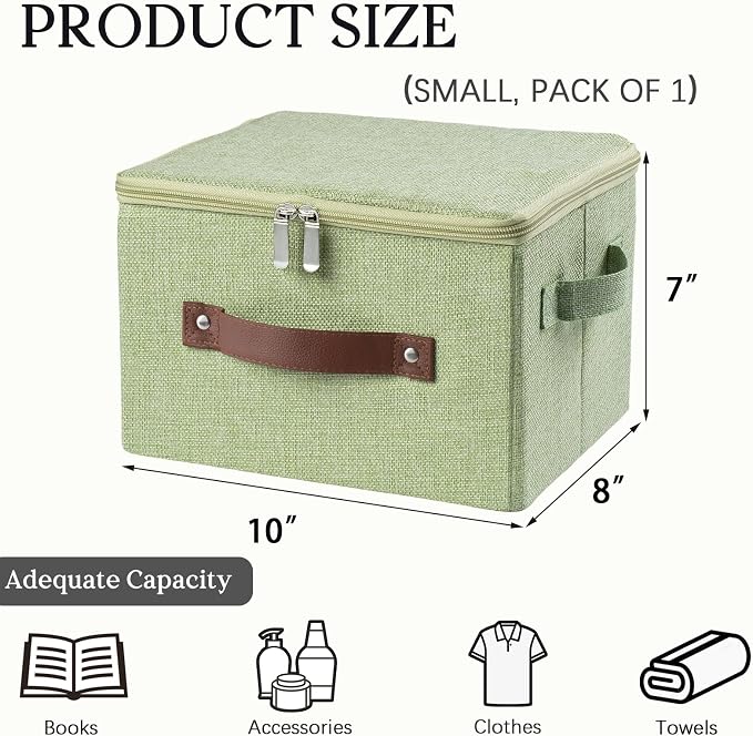 Storage Bins with Zipper Lid Decorative Lidded Box Fabric Baskets | Collapsible Shelf Closet Organizer Container, Cotton Linen Fabric Boxes, PU Leather Handle, Stackable Washable (Green, Small)