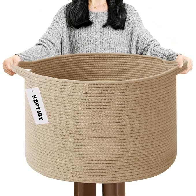 90L Extra Large Blanket Basket,Woven Rope Laundry Basket-Camel | Collapsible, reinforced handles, nursery storage bin organizes clothes, toys and pillows for living room, bedroom bathroom