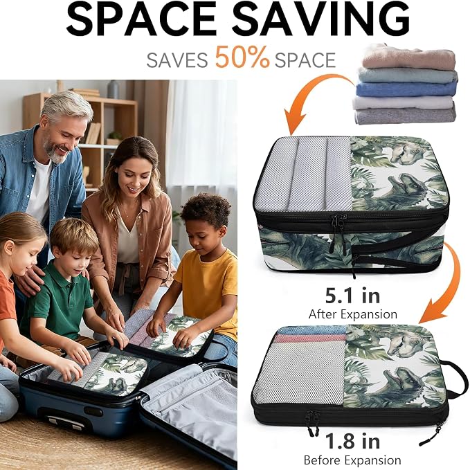 Dinosaur 6 Set Compression Packing Cubes Funny Dinosaur Expandable Packing Organizer for Travel Accessories Luggage Suitcase Bag