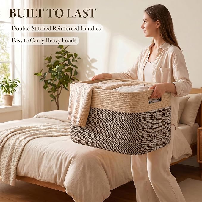 96L XL Large Cotton Rope Basket, Soft Toy Storage Bin for Nursery & Living Room, Decorative Blanket Basket for Bedroom, Baby-Safe Organizer for Pillows &Laundry, 24''×16''×15'', Brown & Black