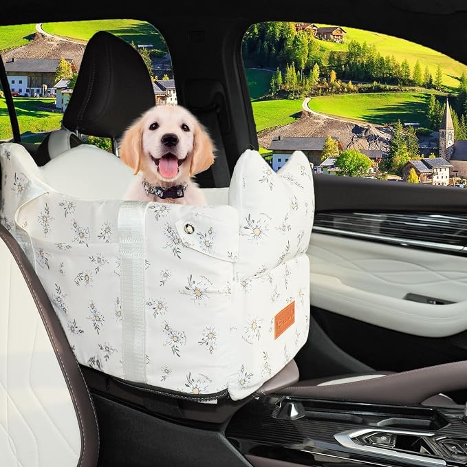 Center Console Dog Car Seat for Small Dogs (Off White) | 5 to 15 lbs, Pet Travel Booster Seat with Safety Leash, Detachable Seat Belt, and Storage Pockets