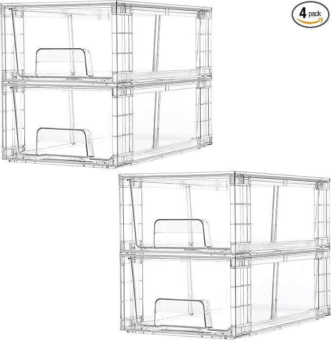 Vtopmart 4 Pack Stackable Clear Drawer with Dividers | Easy Assembly, Stackable Storage, Removable Dividers, Non-Slip Design, For Fridge, Under Sink, Pantry & Bathroom