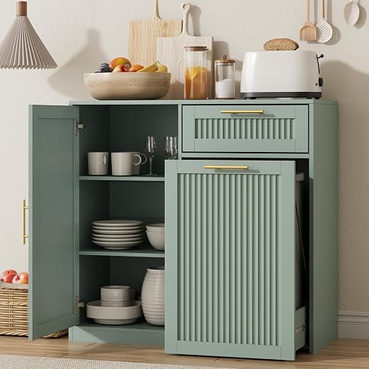 13 Gallons Pull Out Trash Can Cabinet with Storage, Green | Fluted Kitchen Trash Cabinet with Adjustable Shelf & Drawer, Hidden Wood Pet Proof Trash Can Holder for Laundry, Living Room