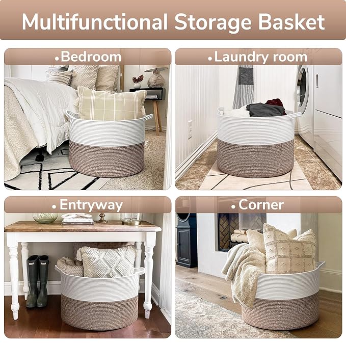 Goodpick Large Woven Blanket Basket Living Room & Playroom, 85L | 21.7 x 21.7 x 13.8 In Storage Basket for Toys Shoes, Cute Baby Laundry Hamper for Towels, Clothes, Mele
