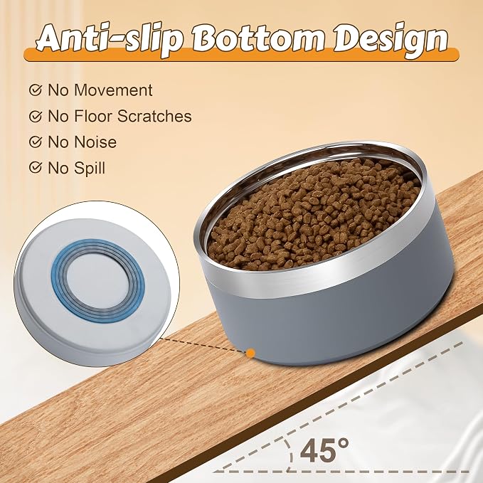UPSKY 27oz Elevated Stainless Steel Dog Bowls Non-Slip Wooden Stand Grey | Double Bowls, Raised Feeding, Reduces Neck Strain, For Small & Medium Dogs, Food and Water Use Indoor & Outdoor