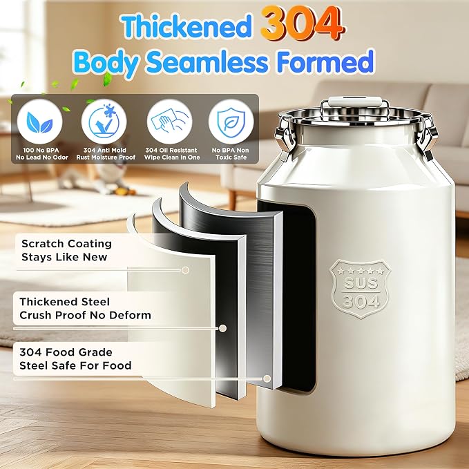 Large 304 Metal Dog Food Storage Container 48LB /45 Qt, Stainless Steel Airtight Pet Food Containers with Lid & Scoop, Pet Food Bin for Dogs, Cats and Dry Food Storage Keep Fresh