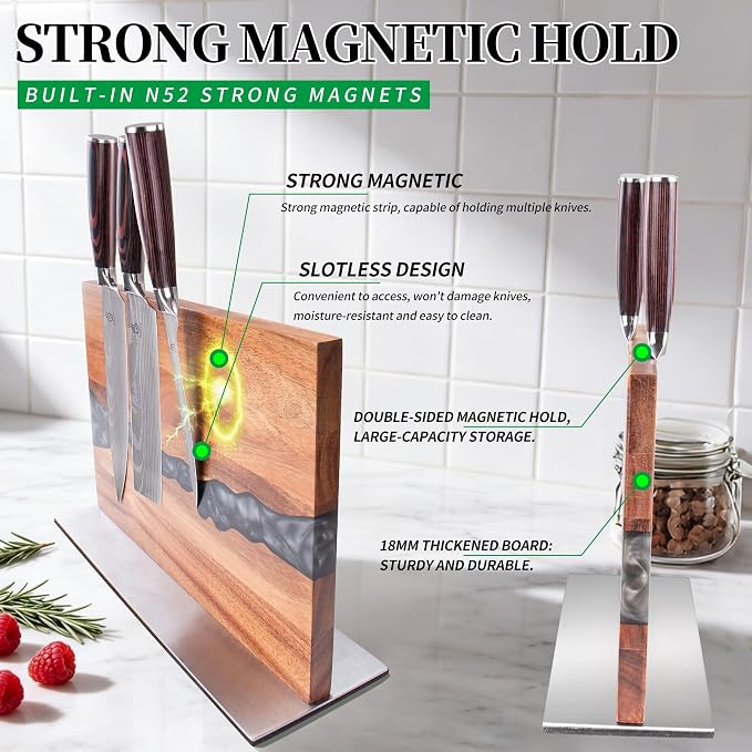 FULLHI Kitchen Magnetic Knife Block Holder, Knife Magnetic Strip with Enhanced Magnets natural wood Multifunctional Storage Holder for Kitchen Utensil, Knife Set, Scissors,Spice Ja (13.15 * 9.5inch)