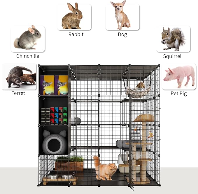 YITAHOME Large Cat Cage with Storage Cube DIY Indoor Catio Cats Enclosures Metal Cat Playpen with Large Hammock for 1-4 Kittens 4 Tiers Cat Kennel