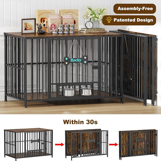 Easycom 43" Foldable Dog Crate Furniture for Large Dogs 60-80 lbs, Brown | No Assembly Dog Cage with Adjustable Bowls and Name Tag, Decorative Wooden Dog Kennel Indoor, End Table