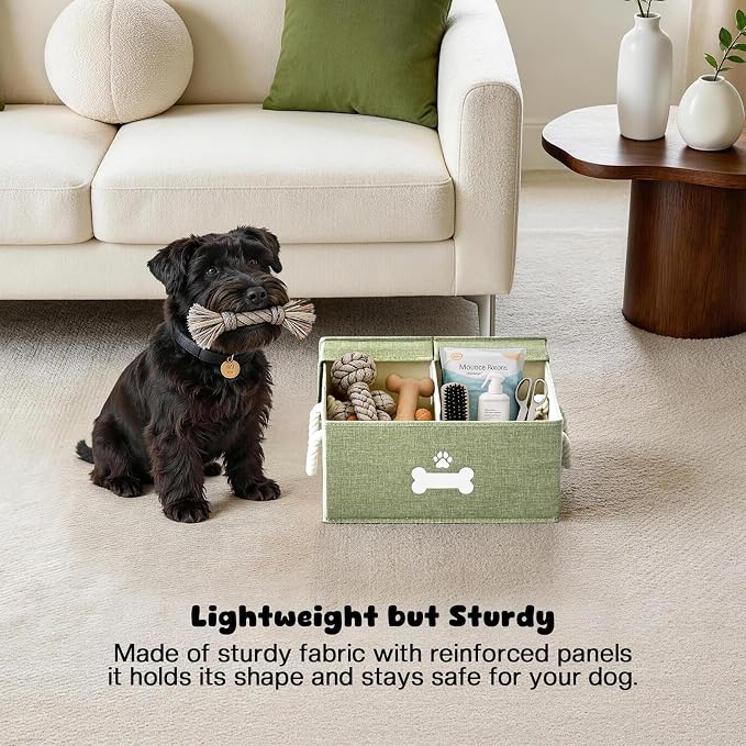 Dog Toy Basket with Double-Open Lid, Divided Dogs Basket for Toys, Collapsible Pet Toy Box, Dog Storage Organizer with 2 Divided Area, Puppy Toys Baskets with Rope Handles, Green
