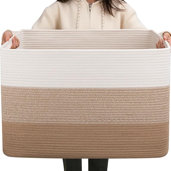 OIAHOMY 108L Extra Large Blanket Basket Dog Toy Basket Light Brown | Rectangle Woven Baskets for Storage Cotton Rope Basket For Living Room Toy Storage Blanket Storage Laundry Basket