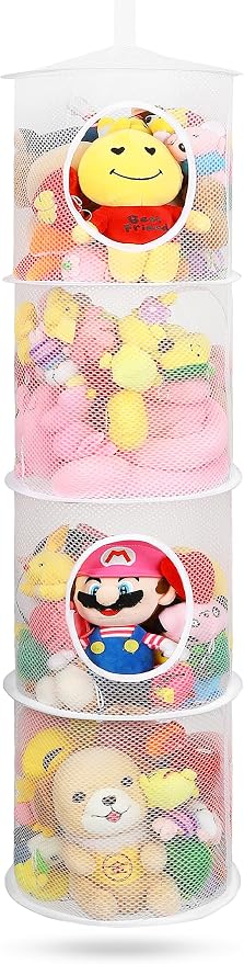 Hanging Stuffed Animal Storage Hammock Net 4 Tiers, White | Hanging Mesh Storage Organizer for Kids Room, Holds Plushies, Gloves, Hats, Socks, Foldable Space-saving Design