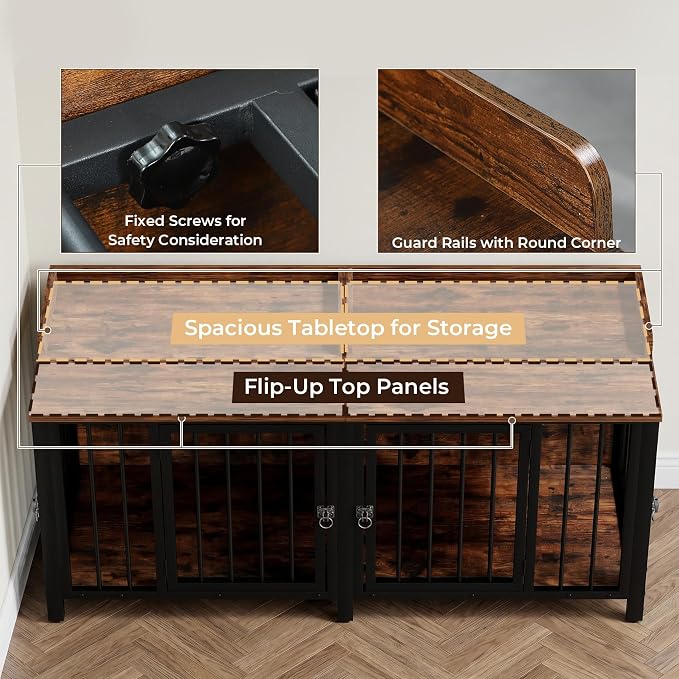BOINN 63" Heavy Duty Dog Crate Furniture with 4 Doors, Removable Divider & Openable Top, Indoor Dog Kennel with Raised Edge Tabletop, Double Dog Cage for Medium Large Dogs, Decorative Pet Crate