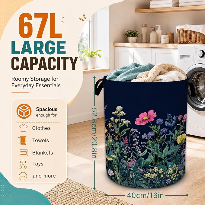 Wildflower Spring Floral Laundry Basket,Garden Flowers Foldable Oxford Laundry Hamper with Handles,Portable Clothes Tote Bag Clothes Storage Bucket Organizer For Bathroom/Laundry Storage/Bedroom