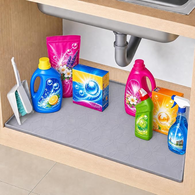 34"x22" Silicone Under Sink Mat Waterproof Cabinet Liner(Gray) | Leak-Proof Silicone Cabinet Protector with Raised Edges, Keeps Kitchen & Bathroom Cabinets Safe from Water Damage