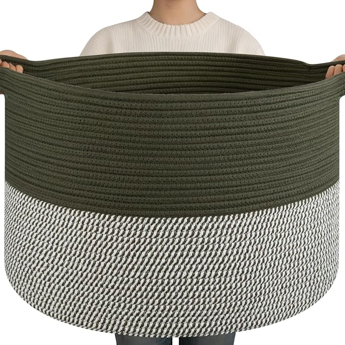 OIAHOMY 90L XXXLarge Blanket Basket for Living Room, 21.7" x 13.8" Woven Cotton Rope Laundry Basket for Organizing Pillows, Decorative Stuffed Animal Toy Storage for Nursery, Green and Grey