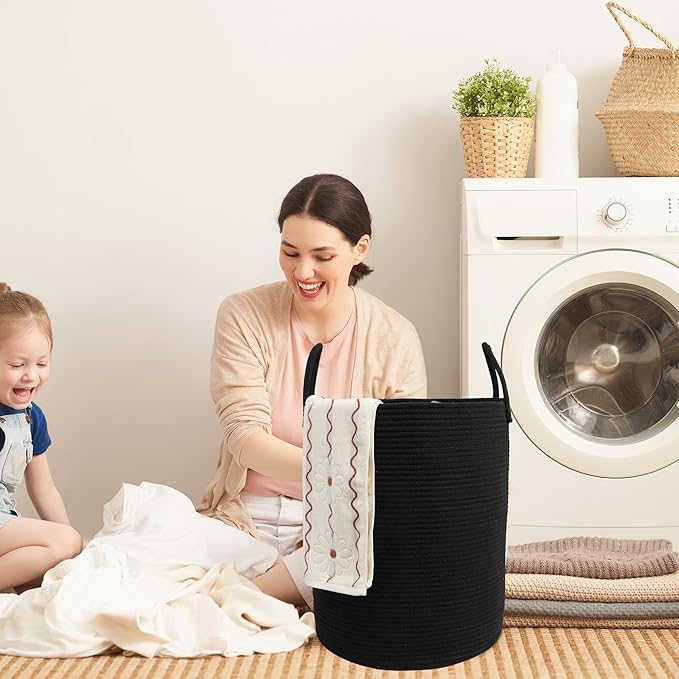 Woven Cotton Rope Laundry Basket, 15" x 20" Laundry Hamper, Black | Rope storage basket for dirty clothes, toys and blankets. Perfect for bathroom, baby nursery and living room storage.