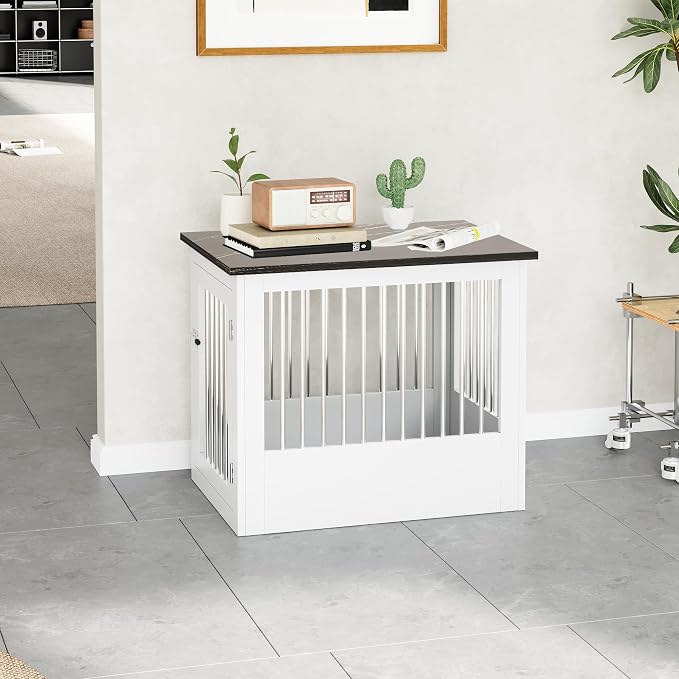 30" Wooden Dog Crate Furniture,Medium Kennel Pet Cage End Table for Indoor | for Small Medium Dogs, White and Black, Fits Living Room Bedroom, Heavy Duty Steel Frame with Lock 45 lbs Cap, 100 lbs Top.
