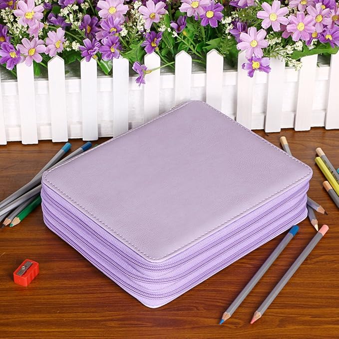 BTSKY Deluxe PU Leather Pencil Case For Colored Pencils - 120 Slot, Purple | Pencil Holder with Handle Strap Handy Colored Pencil Box Large for Artists, Adults Coloring, Sketching, Drawing