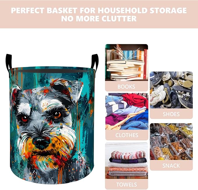 Colorful Schnauzer Dog Laundry Basket Hamper 19.7"x15.8", Organizer Bins Gifts for Women Men Adults, Pet Foldable Waterproof Oxford Clothes Storage Bucket for Bedroom Bathroom Decor