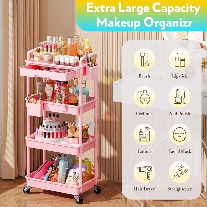 SUNALLY Makeup Cart Organizer with Drawer, 4 Tier Rolling Makeup Cart, Pink | Rolling Vanity Storage for Skin Care Perfume Nail Polish, Floor Skincare Organizers Cosmetics Display Bathroom Storage Cart