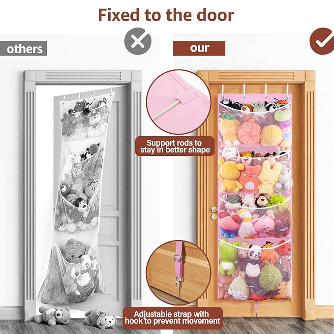 Over Door Stuffed Animal Storage, Hanging Plush Toy Organizer Holder | Behind Door Organizer with 4 Large Pockets, Mesh Hammock Bag for Doll & Bear Stuffies, Idea for Girl Boy Kid Nursery Closet