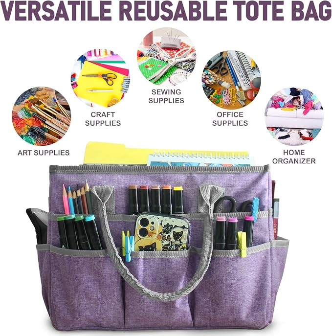 Cupohus Craft Organizer Tote Bag, Purple Sewing Bag for Art | Supply Storage Bags with Pockets and Handles, Oxford Fabric Carrying Caddy for Teacher, Officer, Artist, Traveler, and More