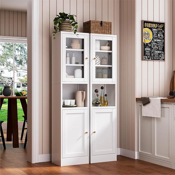 YAUWOH Metal Storage Cabinet with Glass Door, Tall Slim Pantry Organizer with 3 Adjustable Shelves (120LBS/Shelf), Anti-Tipping Waterproof Cabinet for Kitchen/Home Office/Small Spaces,(1PC,White)