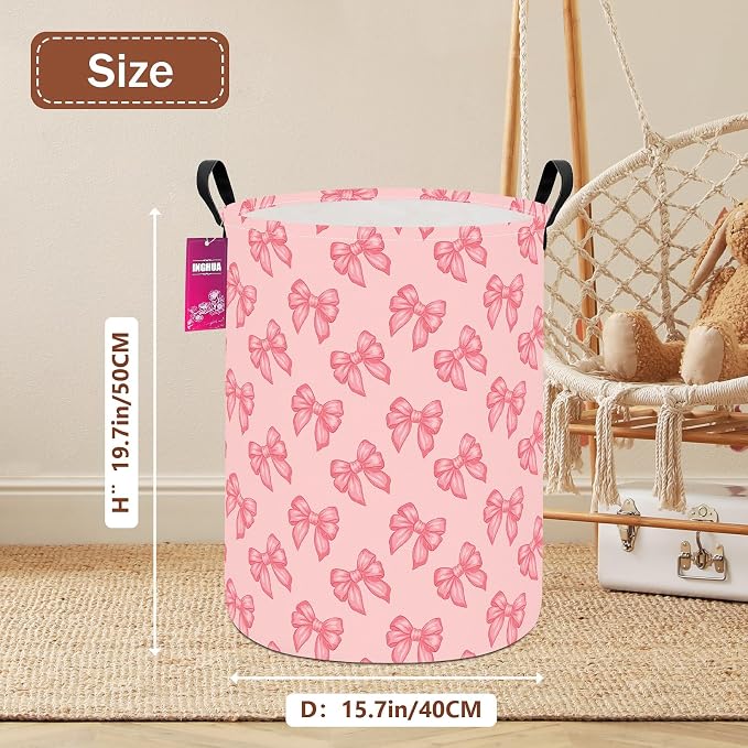 Laundry Hamper Large Canvas Fabric Storage Basket Pink bowknots | Organizer Bin Dirty Clothes Collapsible Waterproof for College Dorms, Boys and Girls Bedroom,Bathroom