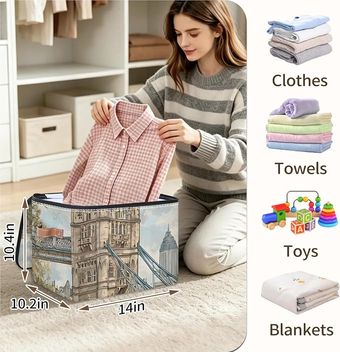 UK Big Ben Foldable Storage Bin with Lid Zipper | Closet Shelf Organizer, Boxes, Basket Containers for Home, Lidded Storage Cube for Bedroom, Waterproof, with Handles