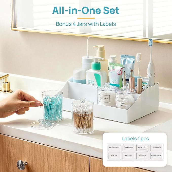 Vtopmart 5 PCS Bathroom Countertop Organizer Sets, White | 1 Divided Tray with 4 Qtip Holder Jars, For Toothbrush, Cotton Pads Balls, Floss, For Bathroom Countertop