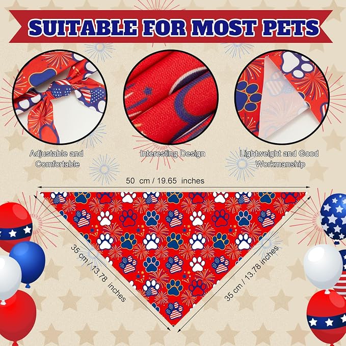 50 Pcs 4th of July Dog Bandanas Bulk Patriotic Paw Prints Pattern | Triangle Kerchief Bibs Scarf Set for Pets Patriotic Party Costume Photo Props Accessories, 25 Styles, 19.7 x 13.8 x 13.8 Inch