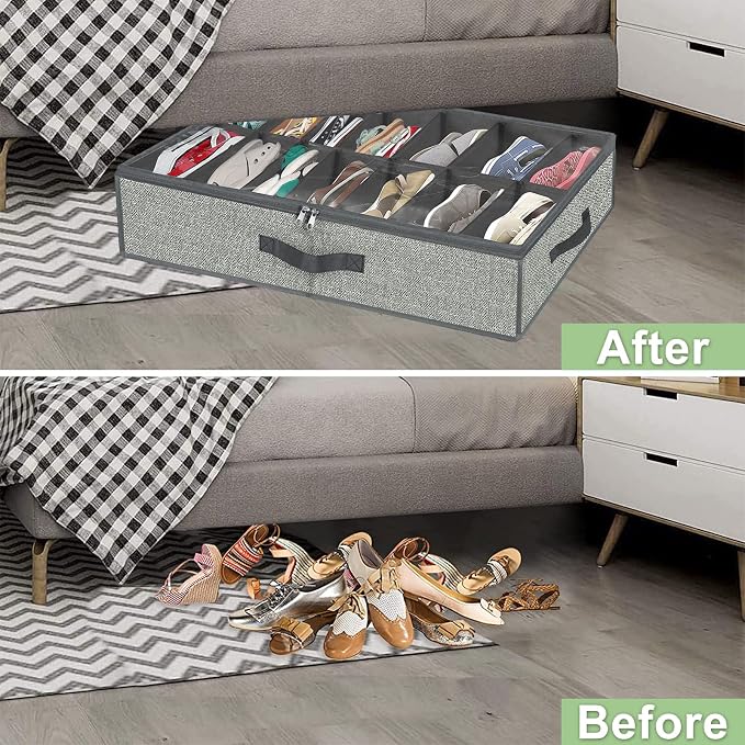 28 Pairs Shoe Organizer Under Bed, Underbed Shoe Storage Boxes Bins, Organizador De Zapatos, Extra Large Zapateras Organizer, Grey, Set of 2