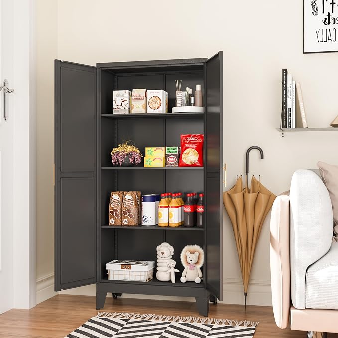 Ckzbx Metal Garage Storage Cabinet with Doors and Adjustable Shelves,47.24" H Tool Storage with Wheels for Garage,Office (White)