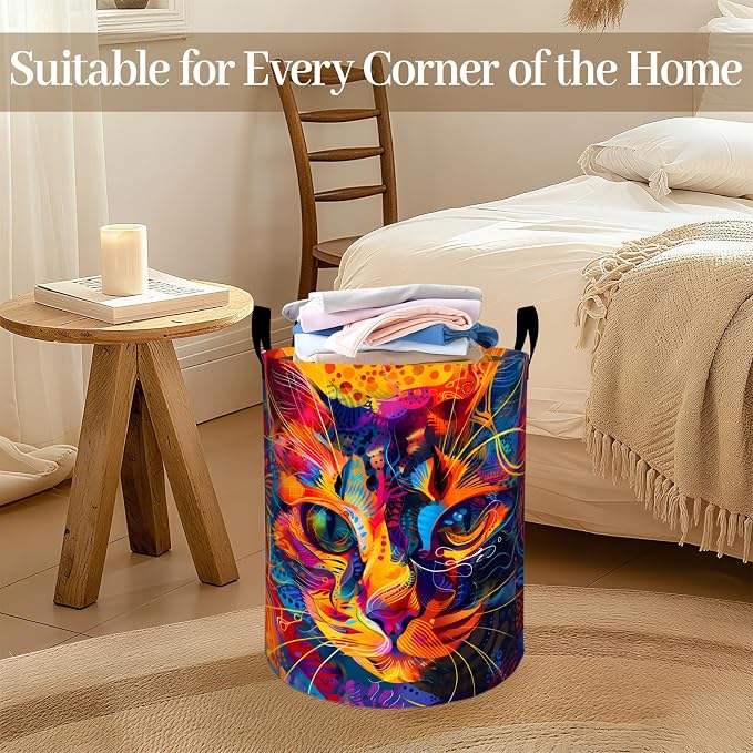 Colorful Cat Face Laundry Basket, Neon Kitten Foldable Oxford Cloth, Waterproof Dirty Clothes Hamper with Handles, Clothing Storage Bin Toy Organizer for Bedroom Dorm Bathroom, 19.7"x15.7"
