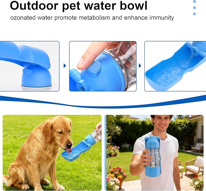 Amerisun Portable Dog Water Bottle with Ozone Purification - Active Oxygen Puppy Water Bowl & Dispenser for Travel, Improves Taste and Boosts Immunity for Pet Health Care Water Bottle (Blue)