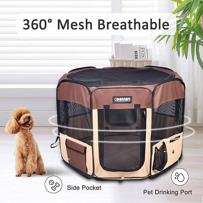 Jespet Soft Dog Playpen, Portable Pet Exercise Pen Kennel with Carry Bag | 2-Door, Easy to Fold, Ground Stakes, Zipper Locks, Large Storage Pocket, Washable Top Mesh Cover & Bottom Cover