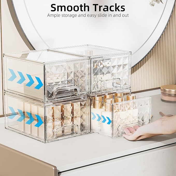 Delamu 2 Pack Stackable Storage Drawers organizer, Clear | Acrylic Makeup Organizer for Bathroom Countertop Storage, Desk, Vanity, Medicine Cabinet, Under Sink, Baby Bottles, for Women