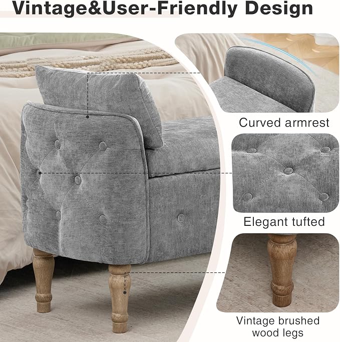 67"End of Bed Storage Bench King Size,Upholstered Bedroom Bench,Grey | Linen Storage Bench for Bedroom End of Bed ,2 Cushion, Vintage Wood Legs ,Tufted,Storage Ottoman Bench for Entryway Window