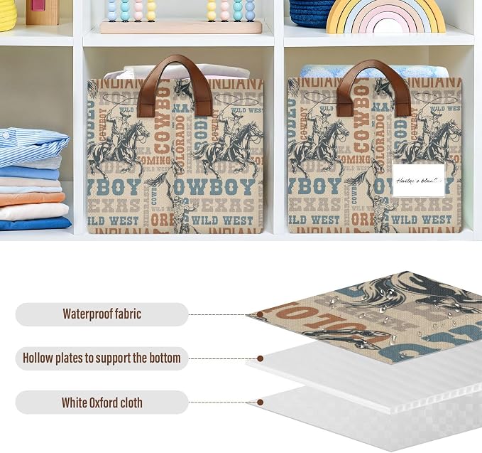 Western Cowboy Horses Retro Vintage 70s 80s Storage Bins for Shelves with Labels&Handles Fabric Organizer Bin Foldable Rectangle Storage Basket Boxes for Closet, Bathroom, Home, Living Room, 2 PC