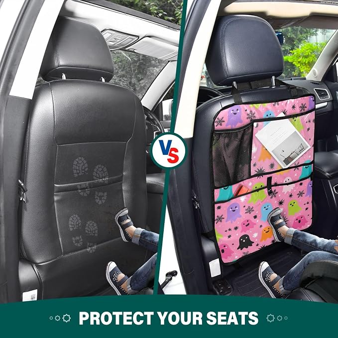 2 Pack Back Seat Car Organizer with Storage Pockets Kick Mats Back Seat Protector Hanging Car Organizer Automotive Seat Back Cover Organizers Hot Pink Halloween Ghost Snowflakes