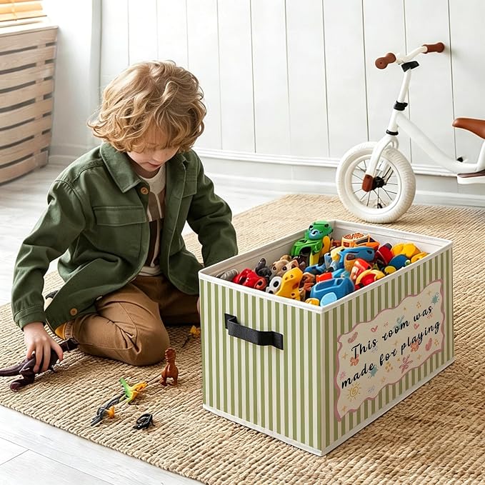 Kids Boy Girl Nursery Playroom Foldable Storage Bins Box with Handles, This Room Is Made for Playing Striped Decorative Storage Boxes Baskets Toybox Organizer for Kids Nursery Room Bedroom