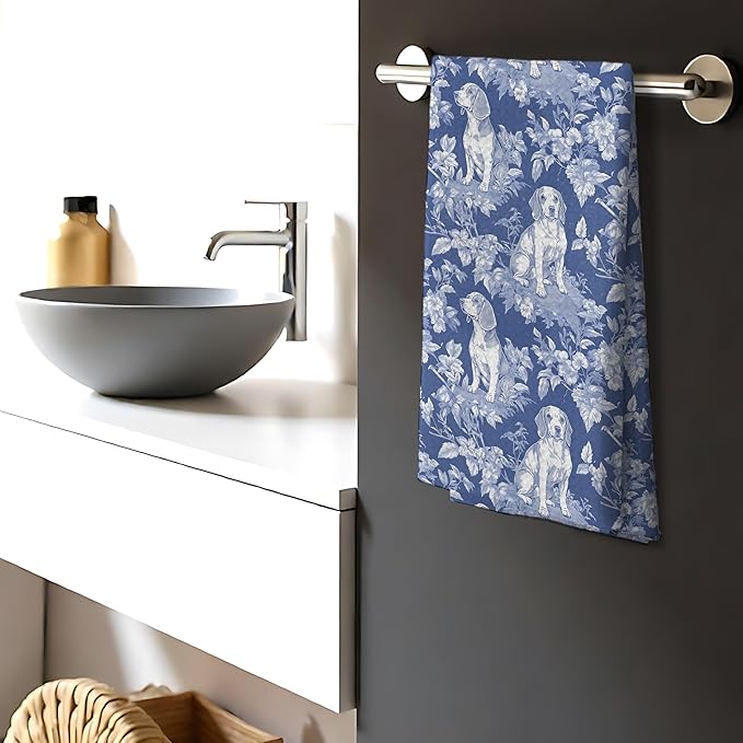 Chinoiserie Floral Beagle Decor Kitchen Towels, Blue and White Floral Beagle Decorative Dish Tea Towels,Grandmillennial Dog Hand Towels for Kitchen Bathroom, Beagle Gifts，16x24 Inch