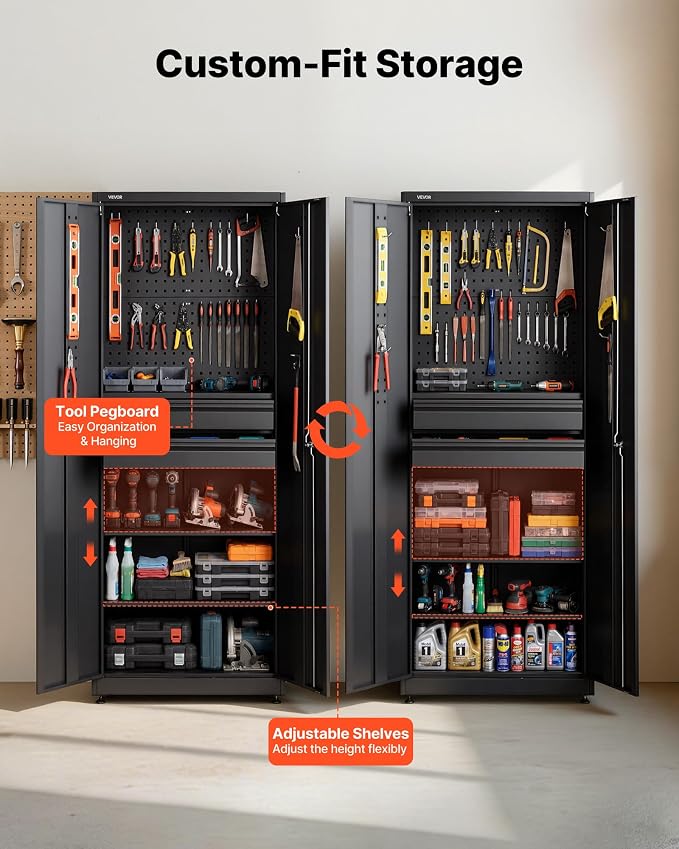 VEVOR Metal Storage Cabinet, 180 lbs Shelf Load Capacity, 70.87" Tall Garage Tool Storage Cabinet with 2 Locking Doors, Adjustable Shelves, 2 Drawers, Pegboard, for Garage, Home, Office, Utility Room