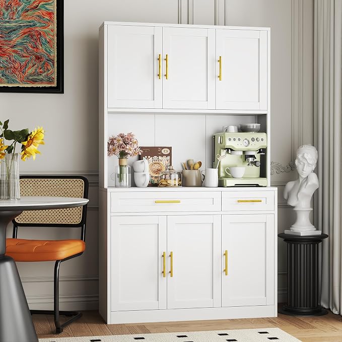 71 Sideboard Buffet Cabinet, Metal Kitchen Coffee Bar Cabinet White | Pantry Sideboard Storage, Coffee Bar Table Console with Cable Hole, Drawers, Adjustable Shelves for Kitchen, Living Room