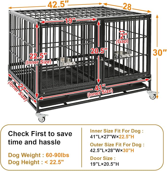 Homey Pet 43" Double Dog Crate, Heavy Duty Stackable Kennel with Divider | Drop Cage for Dogs with Dual Doors, Auto Locks, Bowls, Removable Tray, for Small & Medium Dogs, Breeders and Multi-dog Homes
